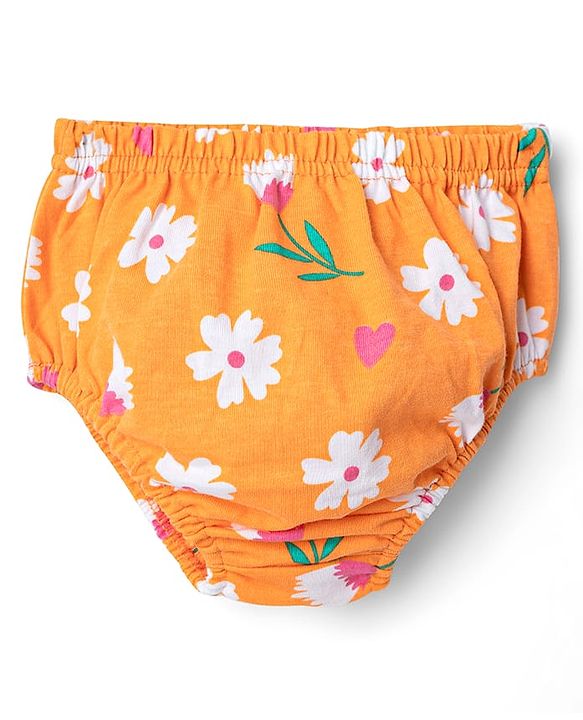 Babyhug Single Jersey Knit Frill Sleeves Floral Printed Frock with Bloomer & Bow Applique - Orange