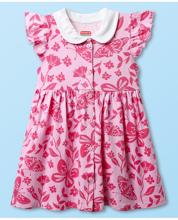 Babyhug Single Jersey Knit Peter Pan Collar Frill Sleeves Frock With Floral Print - Pink