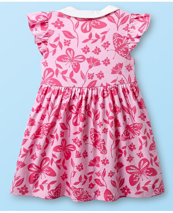 Babyhug Single Jersey Knit Peter Pan Collar Frill Sleeves Frock With Floral Print - Pink