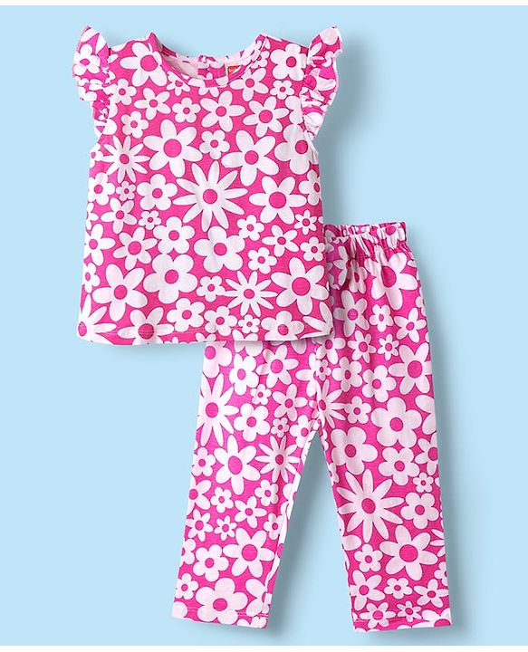 Babyhug Cotton Knit Frill Sleeves Co-Ord Night Suit With Floral Print - Pink