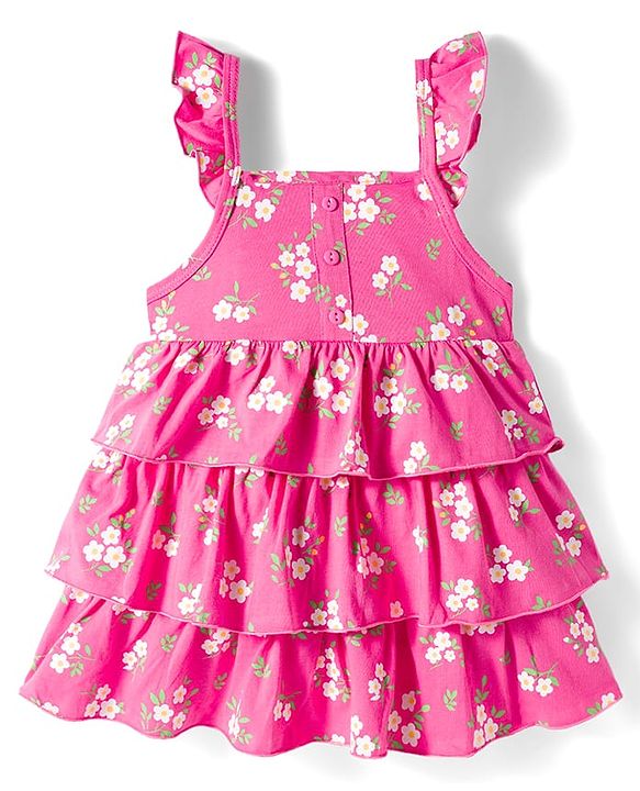 Babyhug Single Jersey Knit Frill Sleeves Layered Frock with Floral Print & Bow Applique Headband - Pink