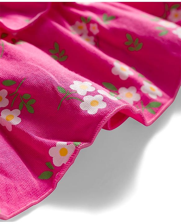Babyhug Single Jersey Knit Frill Sleeves Layered Frock with Floral Print & Bow Applique Headband - Pink