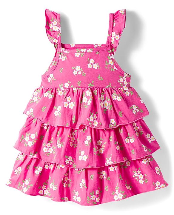 Babyhug Single Jersey Knit Frill Sleeves Layered Frock with Floral Print & Bow Applique Headband - Pink