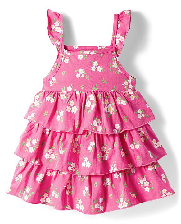 Babyhug Single Jersey Knit Frill Sleeves Layered Frock with Floral Print & Bow Applique Headband - Pink