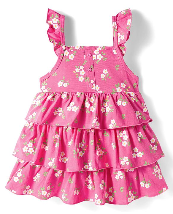 Babyhug Single Jersey Knit Frill Sleeves Layered Frock with Floral Print & Bow Applique Headband - Pink
