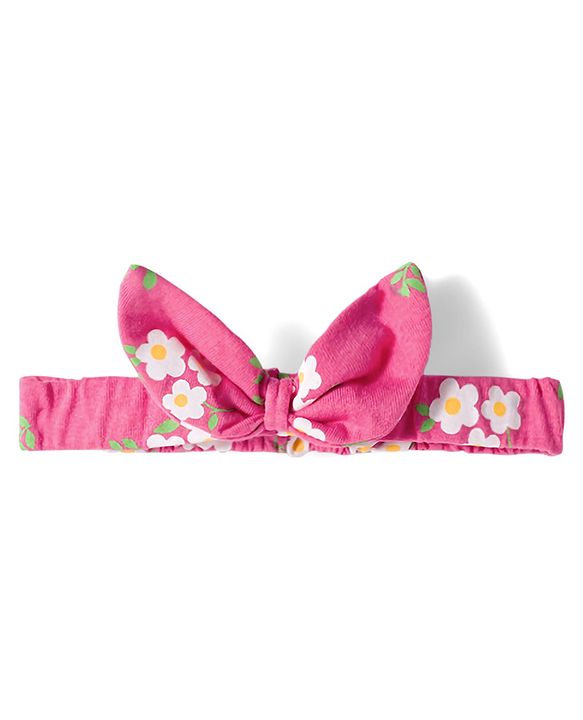 Babyhug Single Jersey Knit Frill Sleeves Layered Frock with Floral Print & Bow Applique Headband - Pink