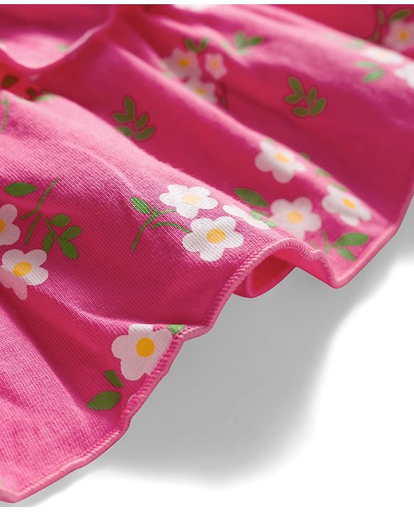 Babyhug Single Jersey Knit Frill Sleeves Layered Frock with Floral Print & Bow Applique Headband - Pink