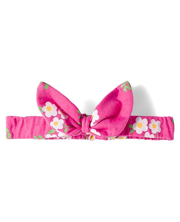 Babyhug Single Jersey Knit Frill Sleeves Layered Frock with Floral Print & Bow Applique Headband - Pink