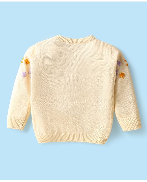 Babyhug Knitted Full Sleeves Sweater Set with Floral Embroidery - Cream