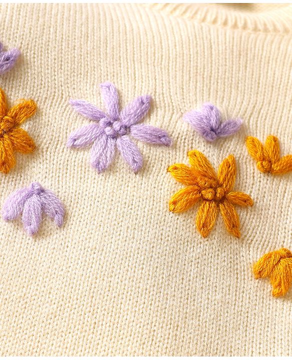 Babyhug Knitted Full Sleeves Sweater Set with Floral Embroidery - Cream