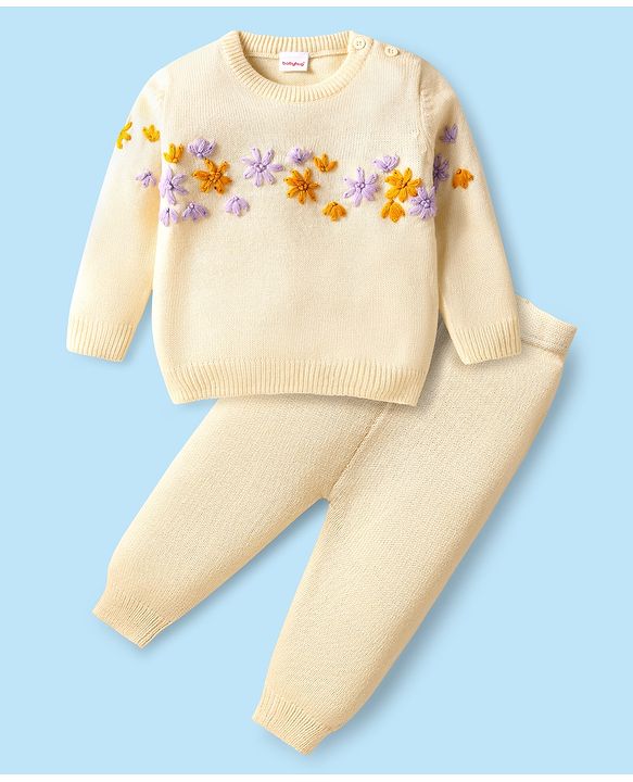 Babyhug Knitted Full Sleeves Sweater Set with Floral Embroidery - Cream