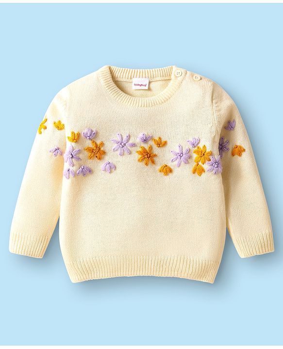 Babyhug Knitted Full Sleeves Sweater Set with Floral Embroidery - Cream