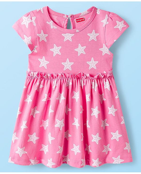 Babyhug Single Jersey Knit Half Sleeves Frocks With Seashell & Starfish Print Pack of 2 - Pink & White