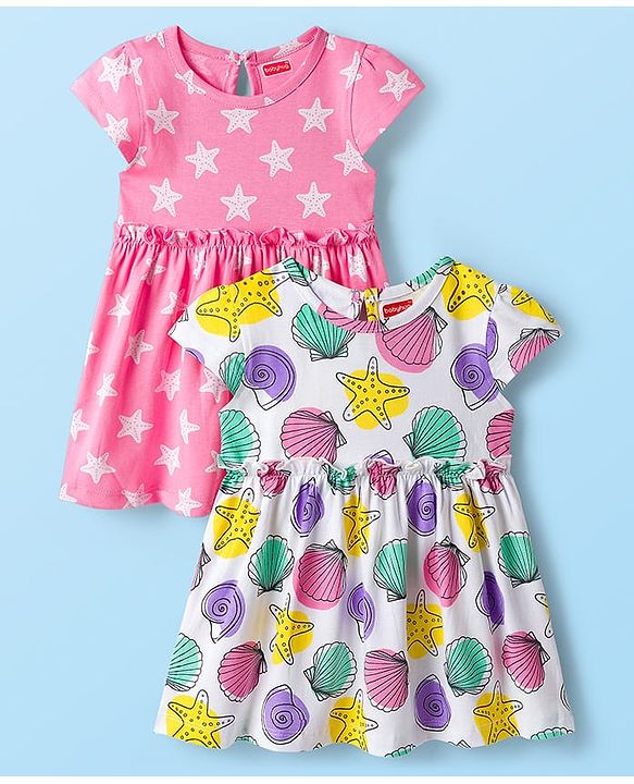 Babyhug Single Jersey Knit Half Sleeves Frocks With Seashell & Starfish Print Pack of 2 - Pink & White