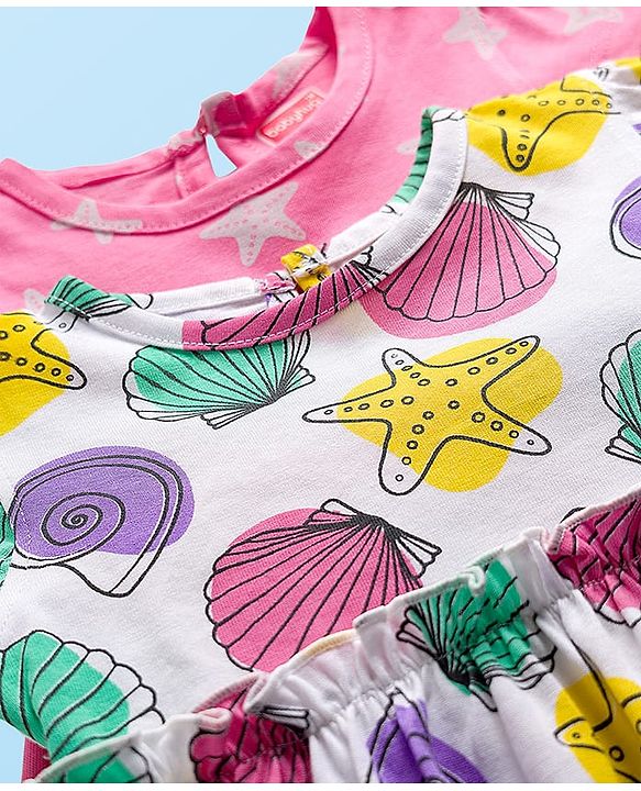 Babyhug Single Jersey Knit Half Sleeves Frocks With Seashell & Starfish Print Pack of 2 - Pink & White