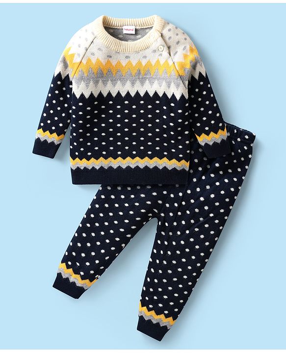Babyhug Knitted Full Sleeves Sweater Set With Colour Aztec Design - Pink main image 0