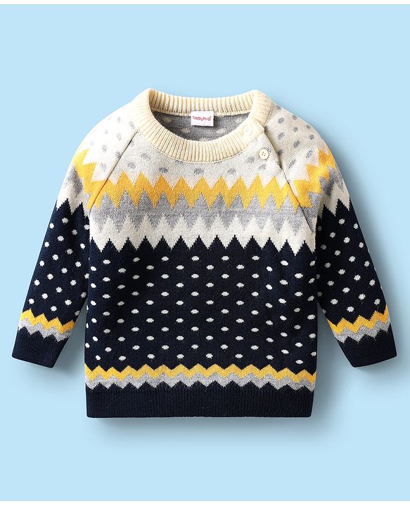 Babyhug Knitted Full Raglan Sleeves Sweater Set with Argyle Design - Navy Blue & Yellow