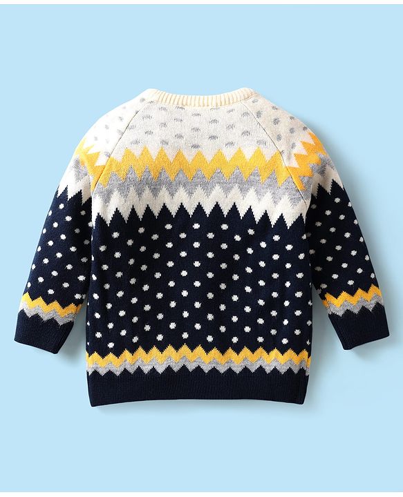 Babyhug Knitted Full Raglan Sleeves Sweater Set with Argyle Design - Navy Blue & Yellow
