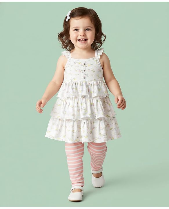 Babyhug Single Jersey Knit Sleeveless Frock With Floral Print & Striped Leggings - White