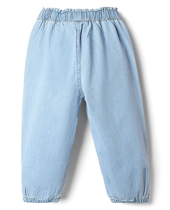 Babyhug Cotton Full Length Denim Jeans with Bow Applique - Light Blue