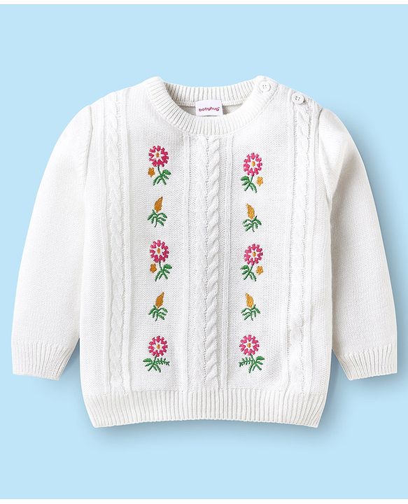 Babyhug Knitted Full Sleeves Sweater Set with Cable Knit & Floral Design - White