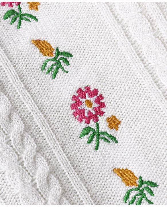 Babyhug Knitted Full Sleeves Sweater Set with Cable Knit & Floral Design - White