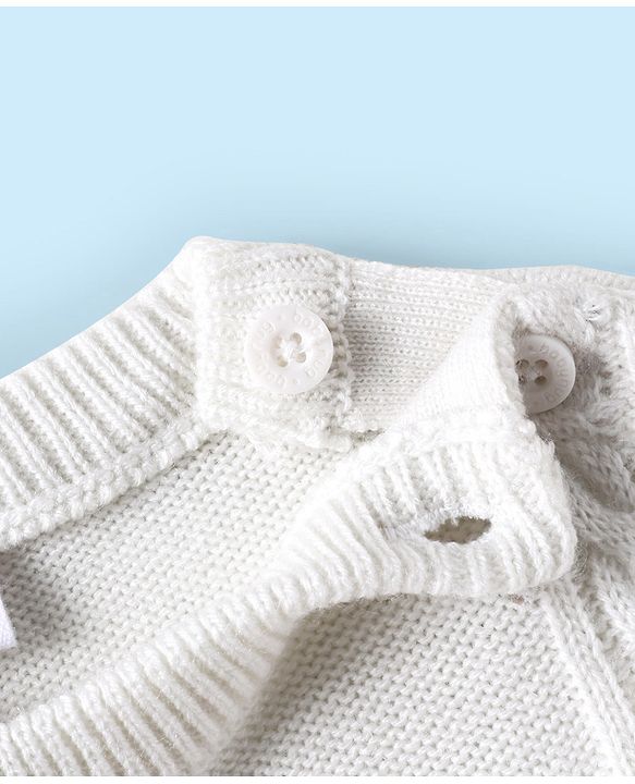 Babyhug Knitted Full Sleeves Sweater Set with Cable Knit & Floral Design - White