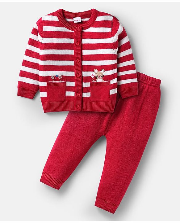 Babyhug Knitted Full Sleeves Front Open Sweater Set with Stripes - White & Red