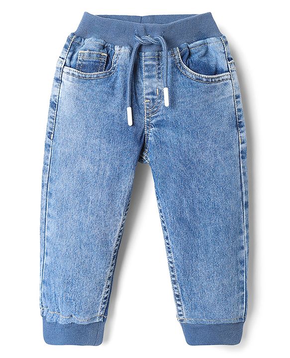 Babyhug Denim Full Length Washed Joggers With Stretch - Blue