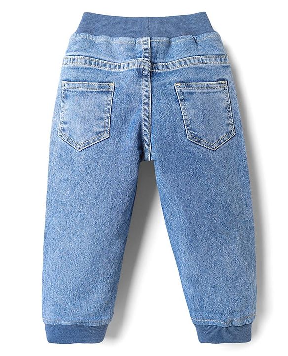 Babyhug Denim Full Length Washed Joggers With Stretch - Blue