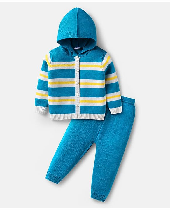 Babyhug Knitted Full Sleeves Hooded Sweater Set with Stripes - Blue & Yellow