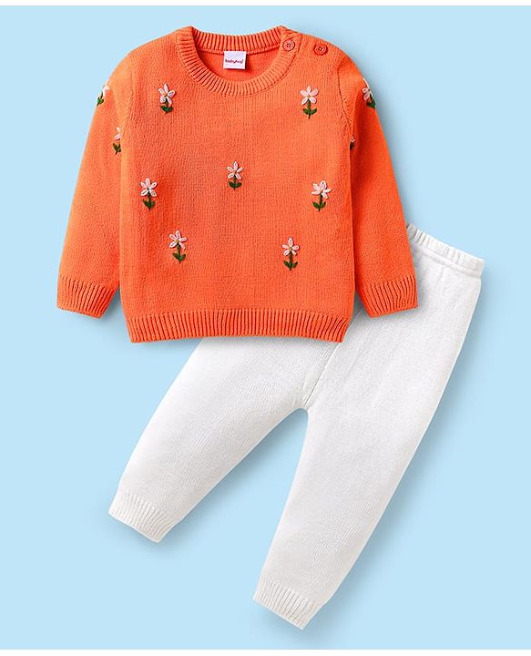 Babyhug Knitted Full Sleeves Sweater Set with Floral Embroidery - White & Orange