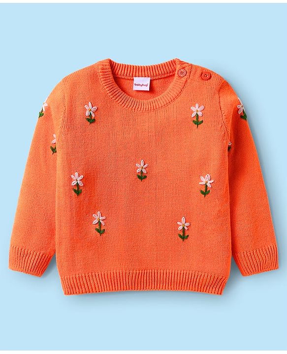 Babyhug Knitted Full Sleeves Sweater Set with Floral Embroidery - White & Orange