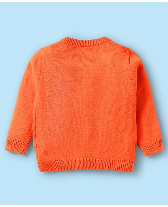 Babyhug Knitted Full Sleeves Sweater Set with Floral Embroidery - White & Orange