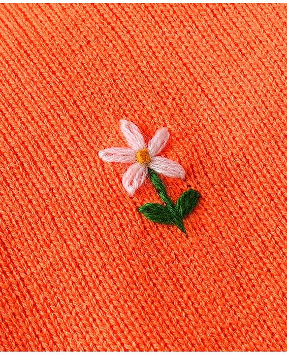 Babyhug Knitted Full Sleeves Sweater Set with Floral Embroidery - White & Orange