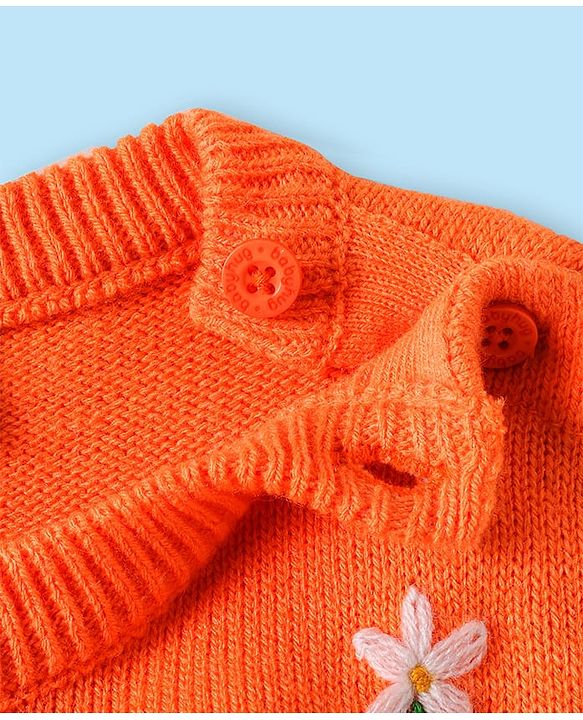 Babyhug Knitted Full Sleeves Sweater Set with Floral Embroidery - White & Orange