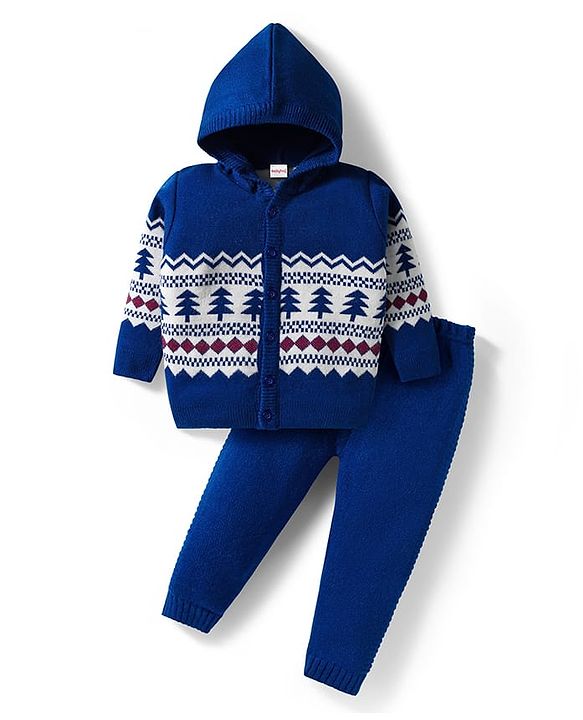 Babyhug Knit Full Sleeves Front Open Hooded Sweater & Pant Set with Pine Tree Design - Navy Blue