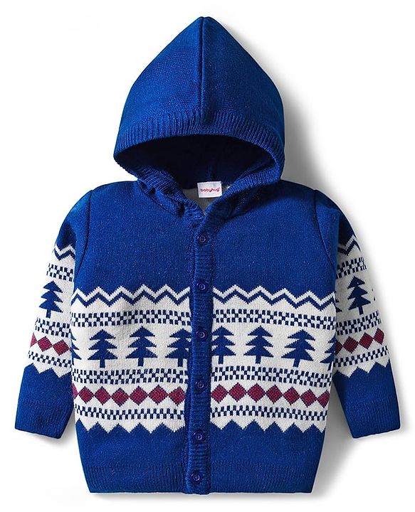 Babyhug Knit Full Sleeves Front Open Hooded Sweater & Pant Set with Pine Tree Design - Navy Blue