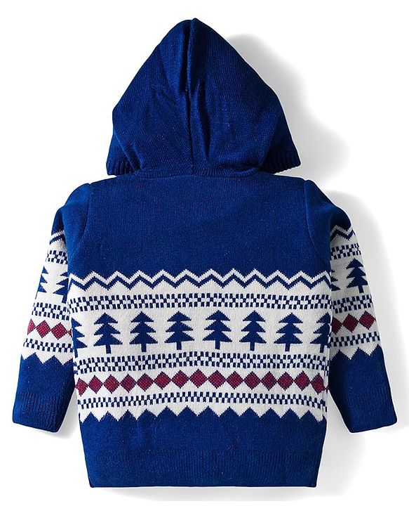 Babyhug Knit Full Sleeves Front Open Hooded Sweater & Pant Set with Pine Tree Design - Navy Blue