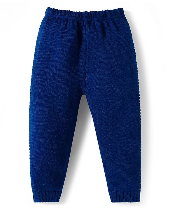 Babyhug Knit Full Sleeves Front Open Hooded Sweater & Pant Set with Pine Tree Design - Navy Blue