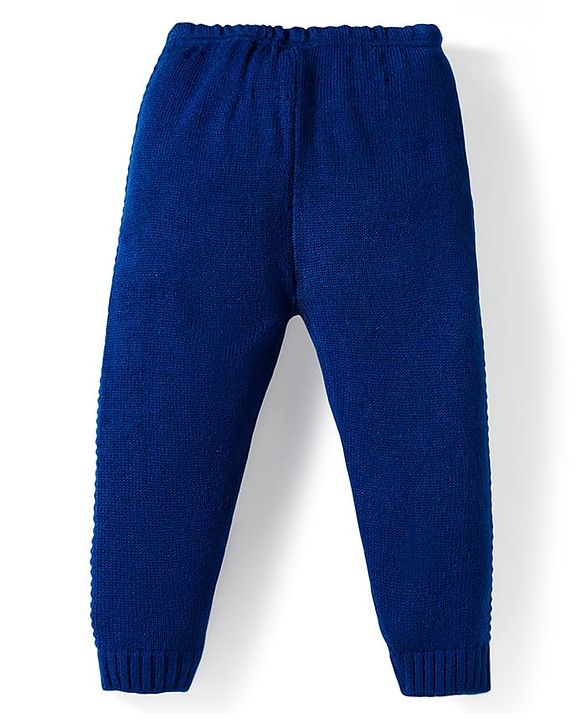Babyhug Knit Full Sleeves Front Open Hooded Sweater & Pant Set with Pine Tree Design - Navy Blue
