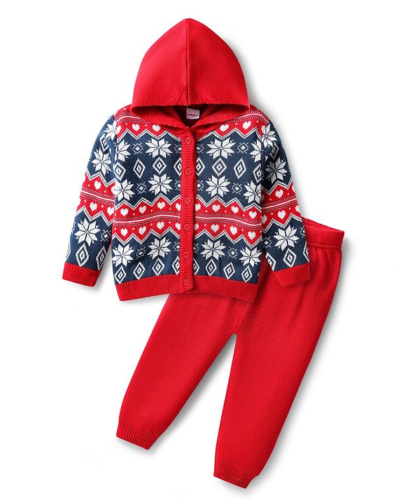 Babyhug Knitted Full Sleeves Hooded Sweater Set with Floral Design - Red
