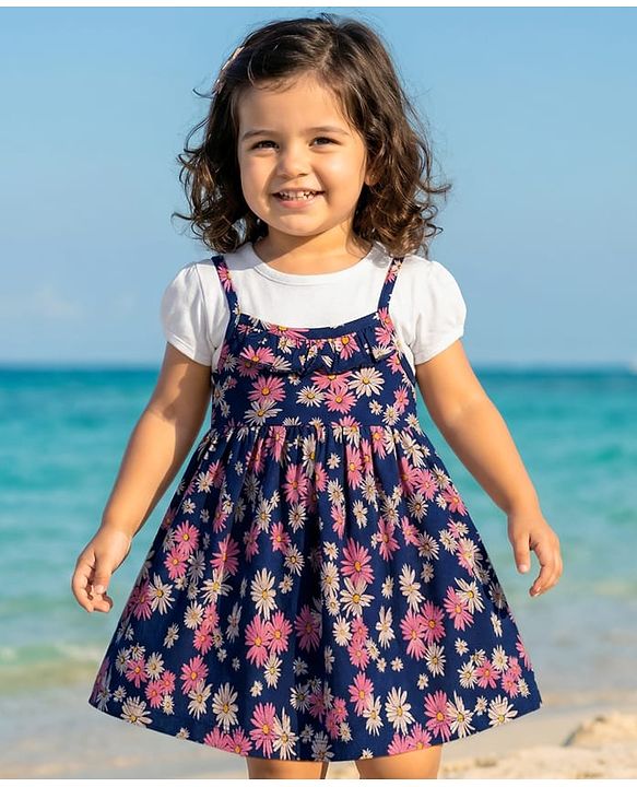 Babyhug Single Jersey Knit Half Sleeves Frock With Floral Print - Navy Blue & White