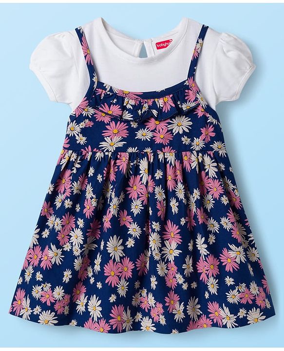 Babyhug Single Jersey Knit Half Sleeves Frock With Floral Print - Navy Blue & White