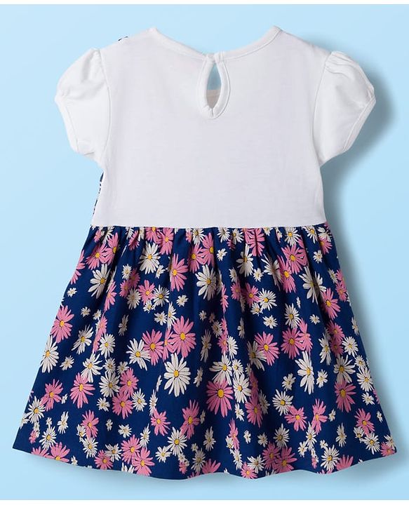 Babyhug Single Jersey Knit Half Sleeves Frock With Floral Print - Navy Blue & White