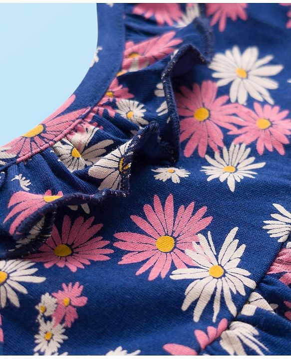 Babyhug Single Jersey Knit Half Sleeves Frock With Floral Print - Navy Blue & White