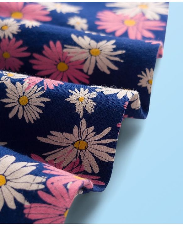 Babyhug Single Jersey Knit Half Sleeves Frock With Floral Print - Navy Blue & White