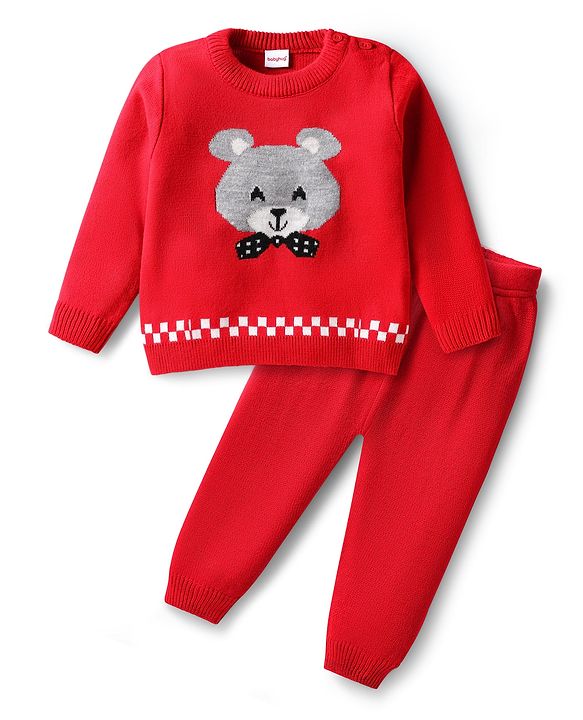 Babyhug Knitted Full Sleeves Sweater Set with Rat Patch - Red