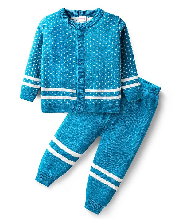 Babyhug Knitted Full Sleeves Front Open Sweater Set with Polka Dot Design - Blue
