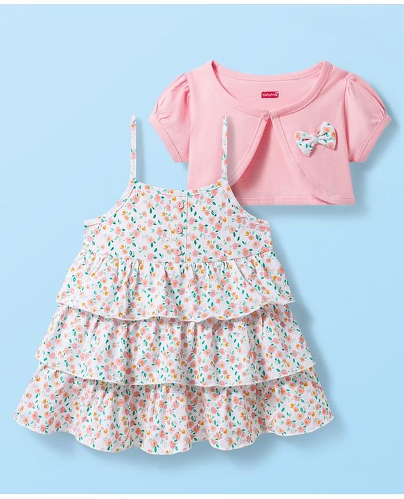 Babyhug Single Jersey Knit Floral Printed Frock with Half Sleeves Shrug - Pink & White